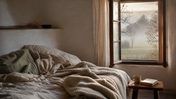 Gemütlicher Novembermorgen im Bett mit Blick auf eine neblige Wiese, KI-generiert